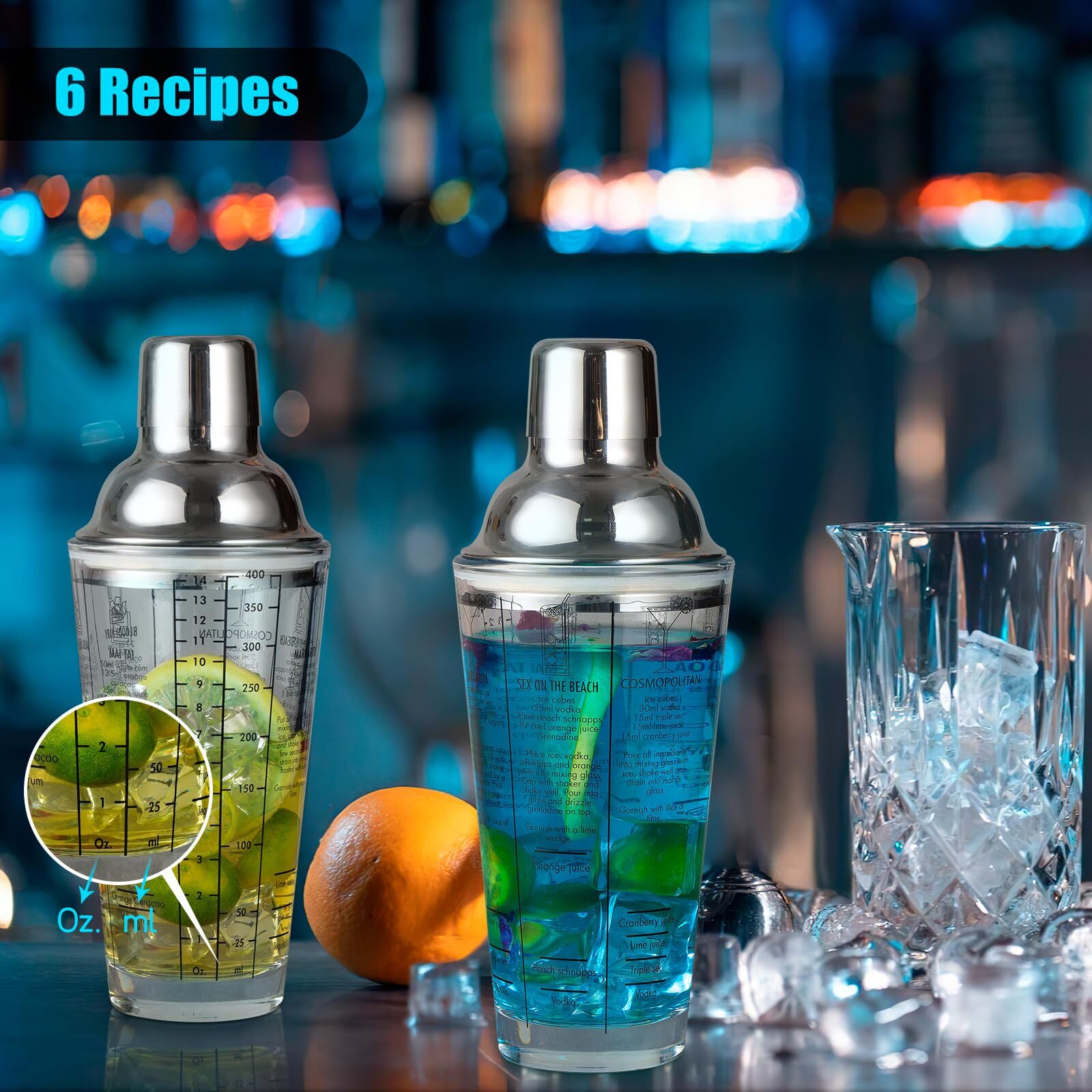 14oz Glass Cocktail Shaker with Recipe Drink Shaker Bartender Kit for Mixing
