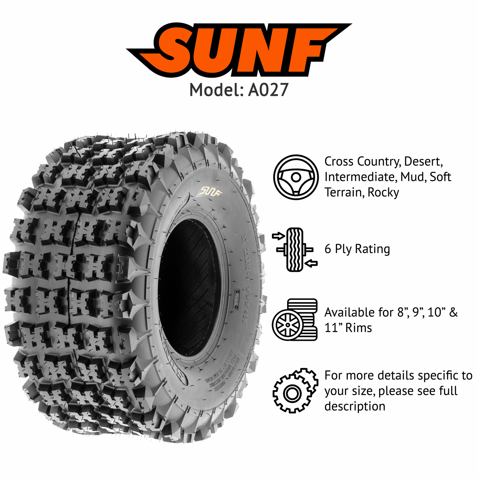 SunF 20x11-8 ATV UTV Knobby Tire 20x11x8 Sport Race 6 PR A027 - Pair of 2