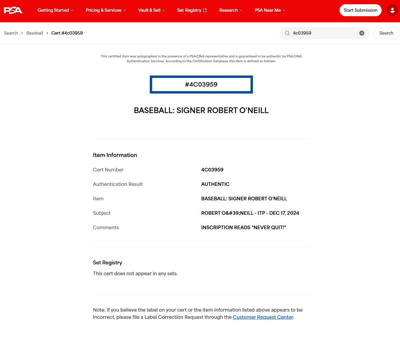 Robert O'Neill Signed Midnight Gold Baseball Inscribed “Never Quit” w/ PSA COA