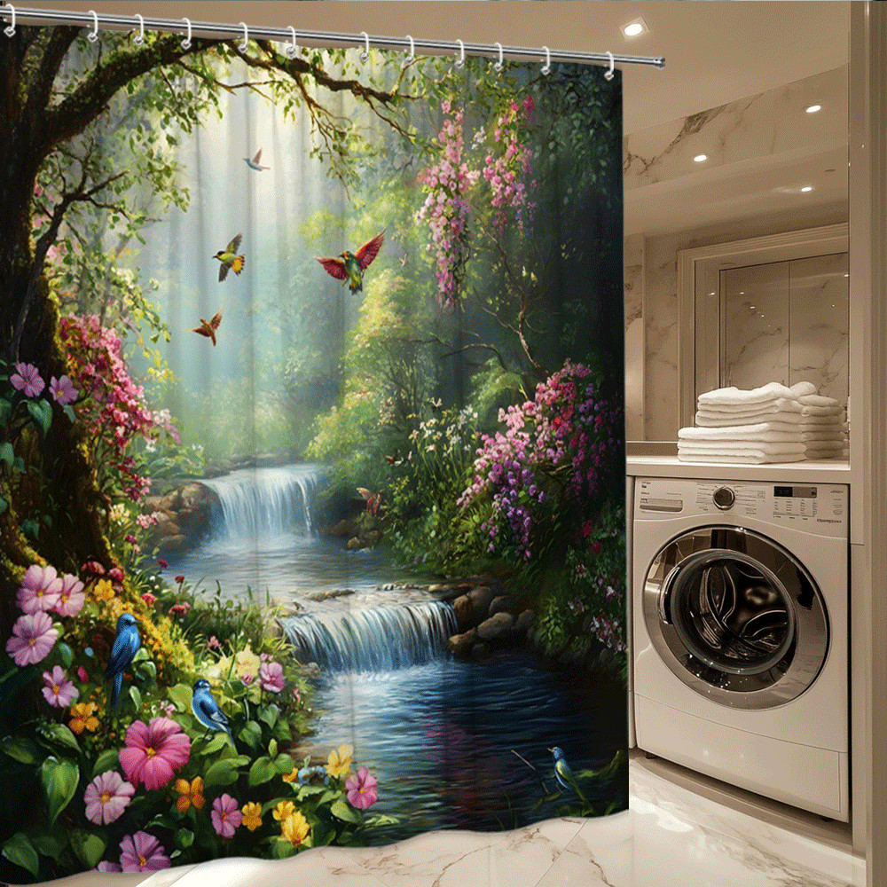 Waterfall Forest Shower Curtain Colorful Birds and Flowers Nature Bathroom Decor