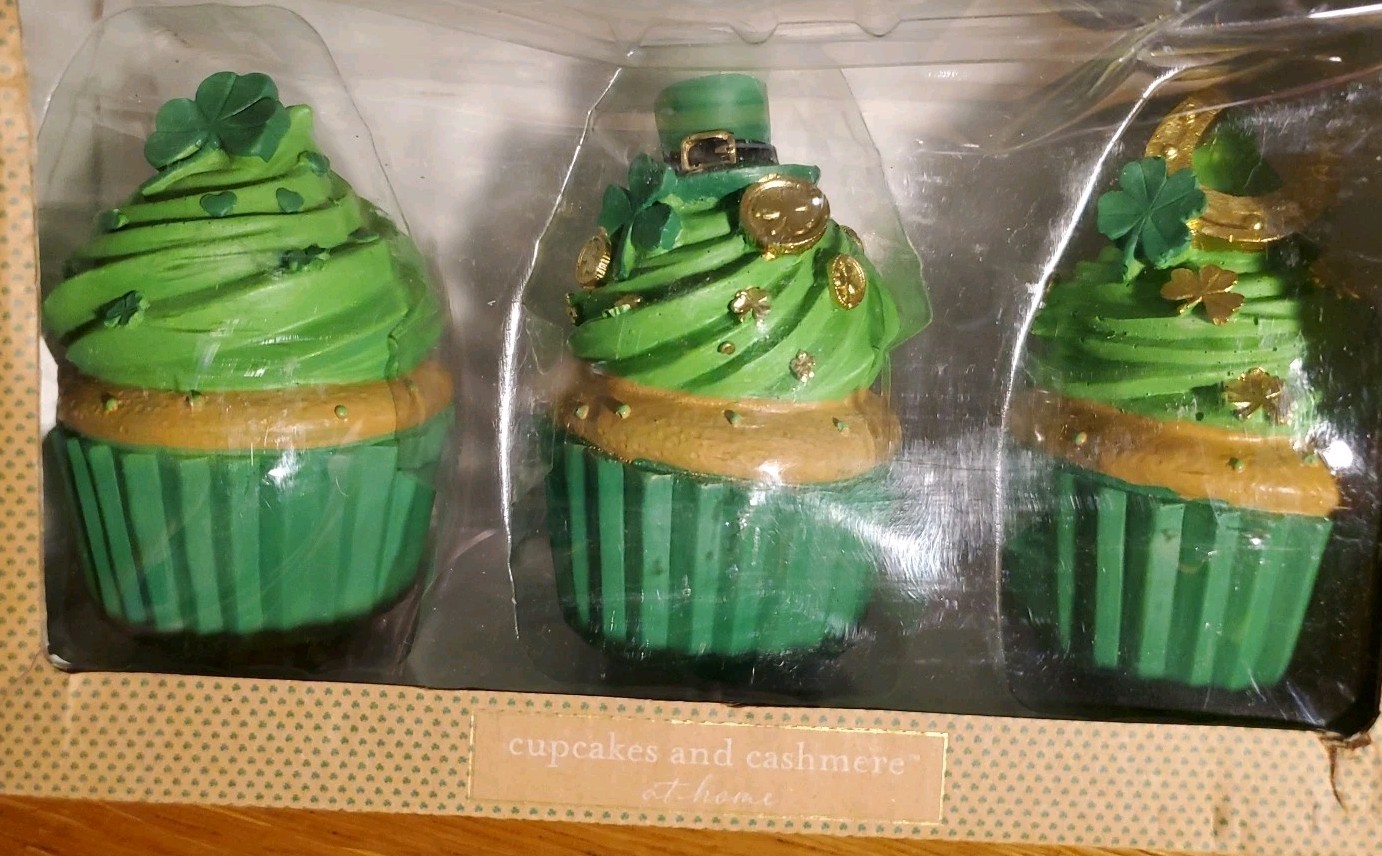 Cupcakes and Cashmere St. Patrick's Day Decor Set of 3 Frosted Cupcakes 4" Green