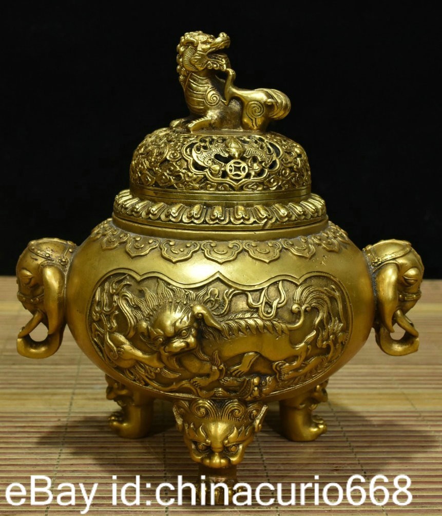 8.8" Marked Old China Copper Carving Dynasty Palace Qilin Elephant Ear Censer