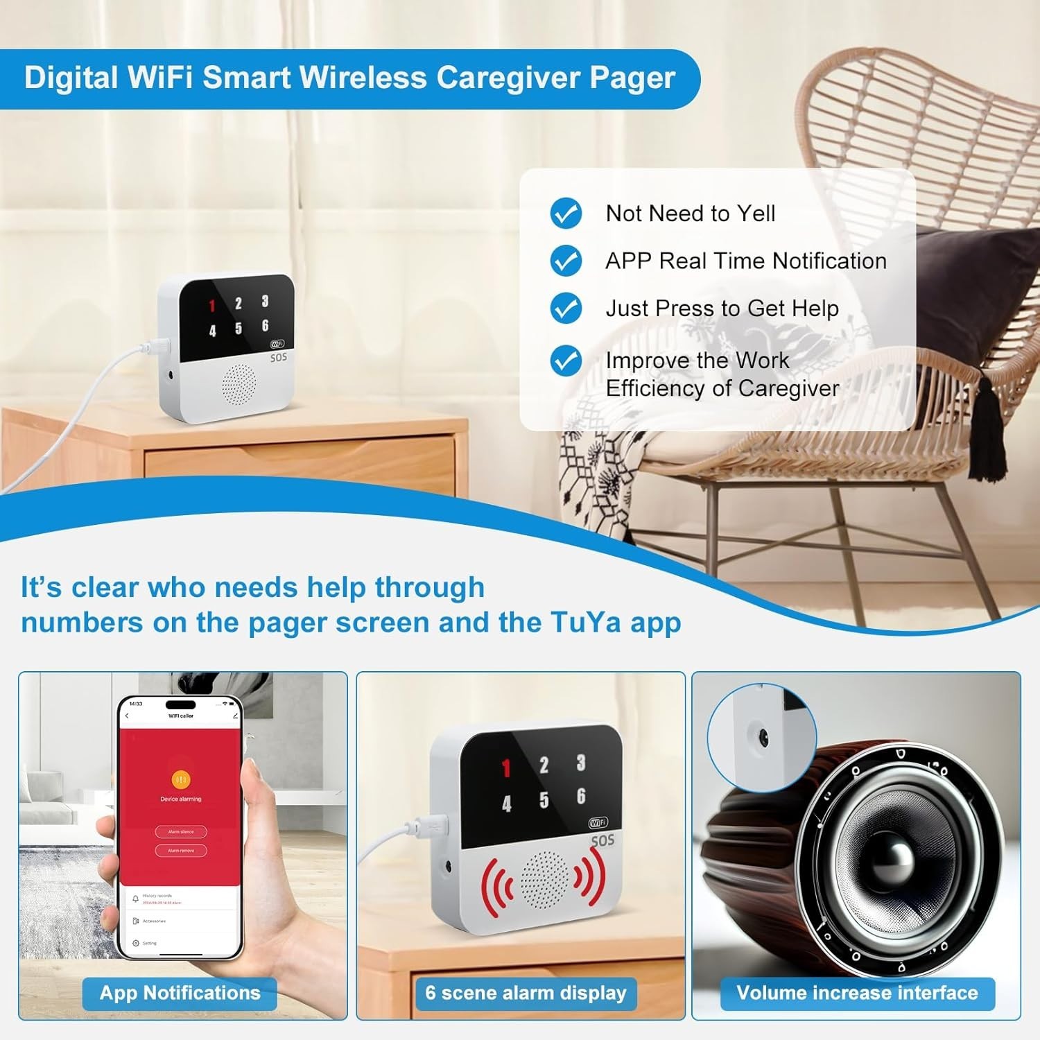 Wireless Caregiver Pager Life Alert System for Seniors No Monthly Fee, Wi-Fi APP