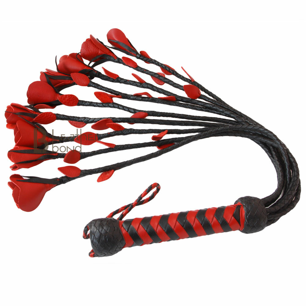 Real Genuine Cow Hide Leather Flogger 9 Braided Falls & Red Roses Heavy Duty