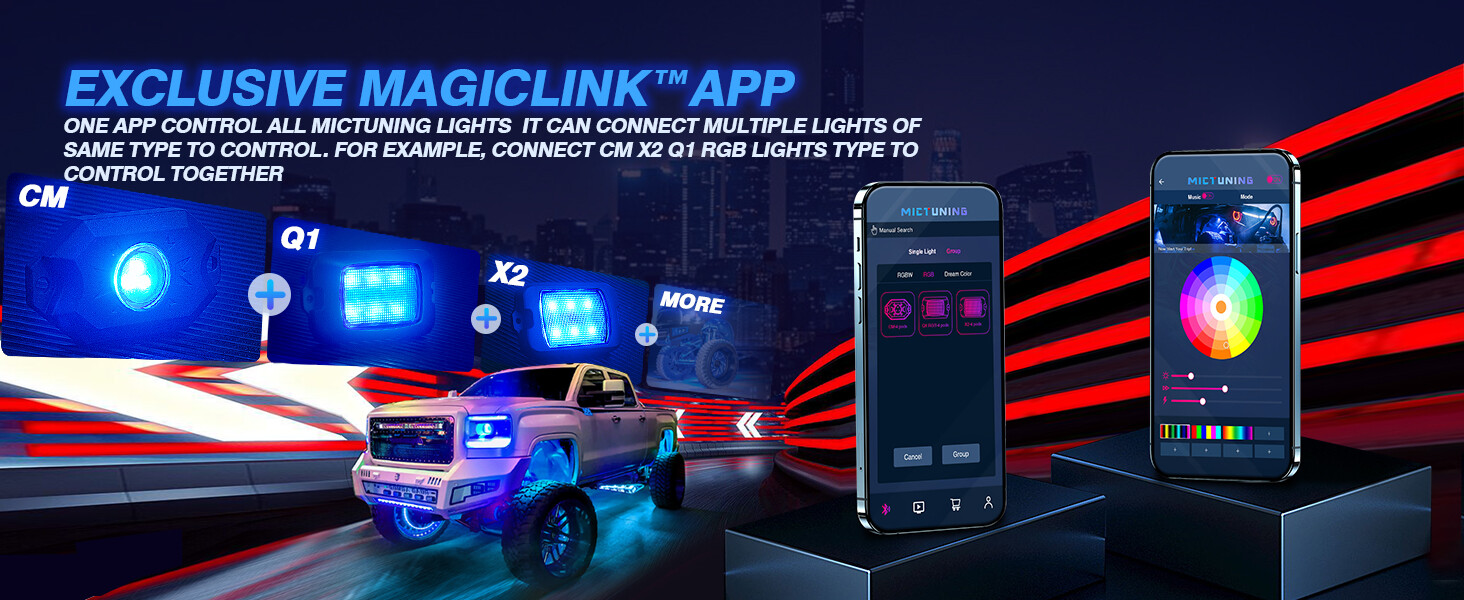 MICTUNING 2nd-Gen RGB LED Rock Lights Bluetooth 8 Pods Underbody Neon Lights Kit