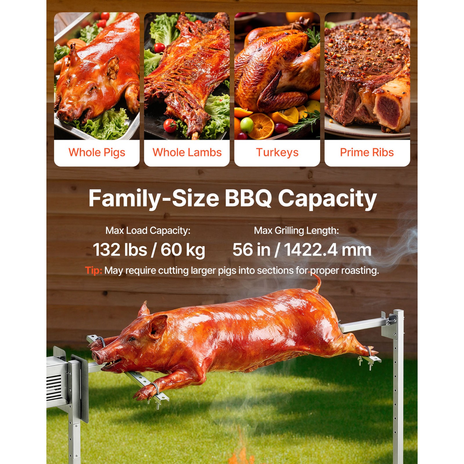 56" Electric BBQ Rotisserie Grill Kit 132lbs Adjustable 8-Level Height AC120V