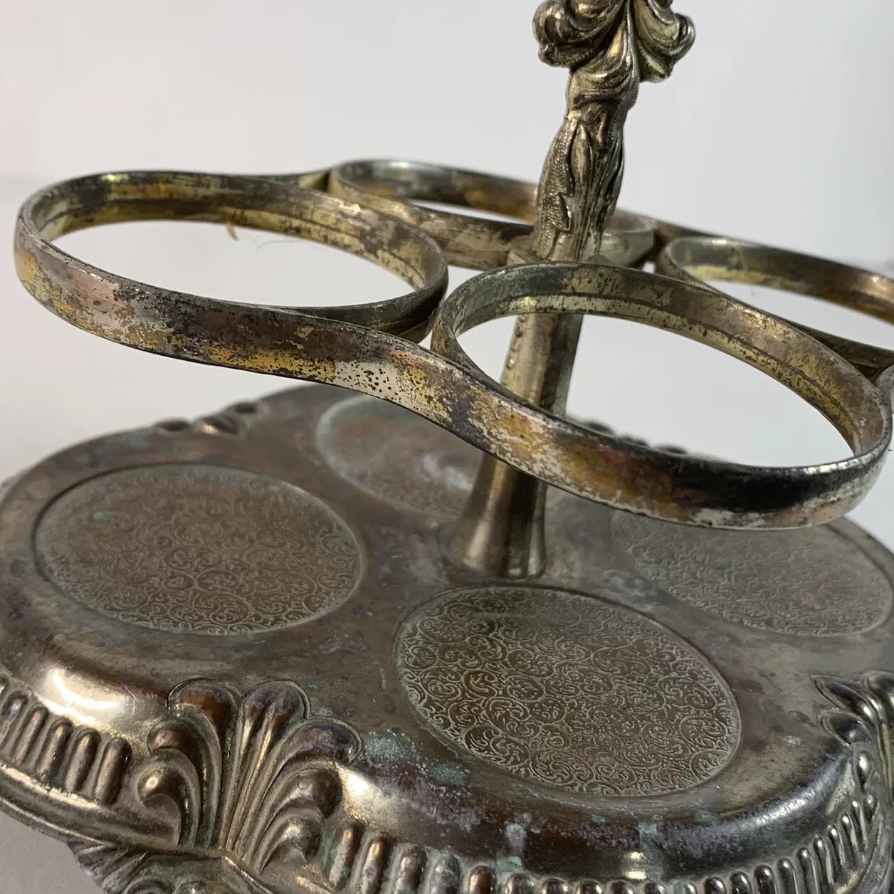 Antique Victorian Silver Plated Cruet Condiment Set Caddy Etched Glass Server