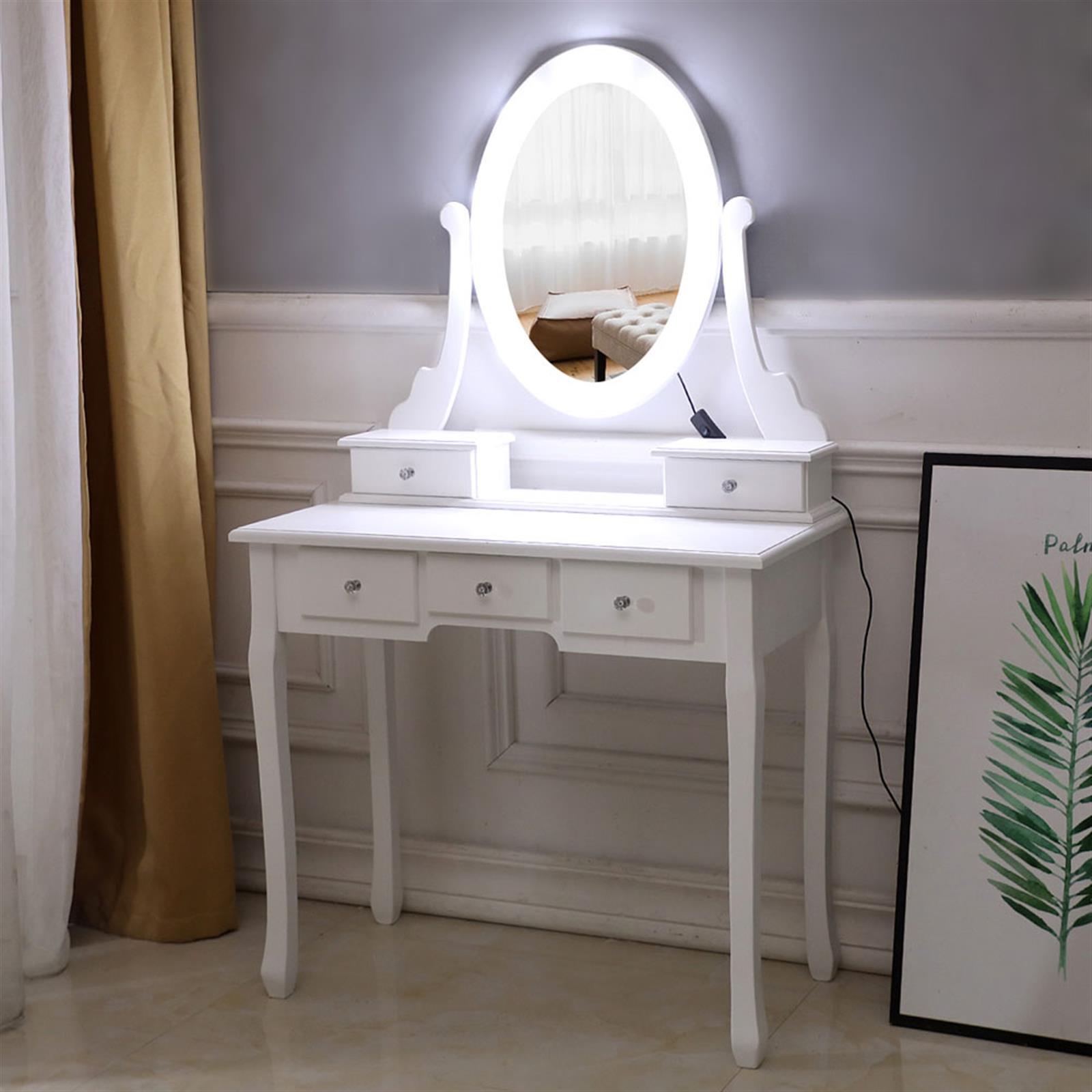 Vanity Makeup Dressing Table Set w/Stool 4 Drawer & Led Mirror Wood Desk White