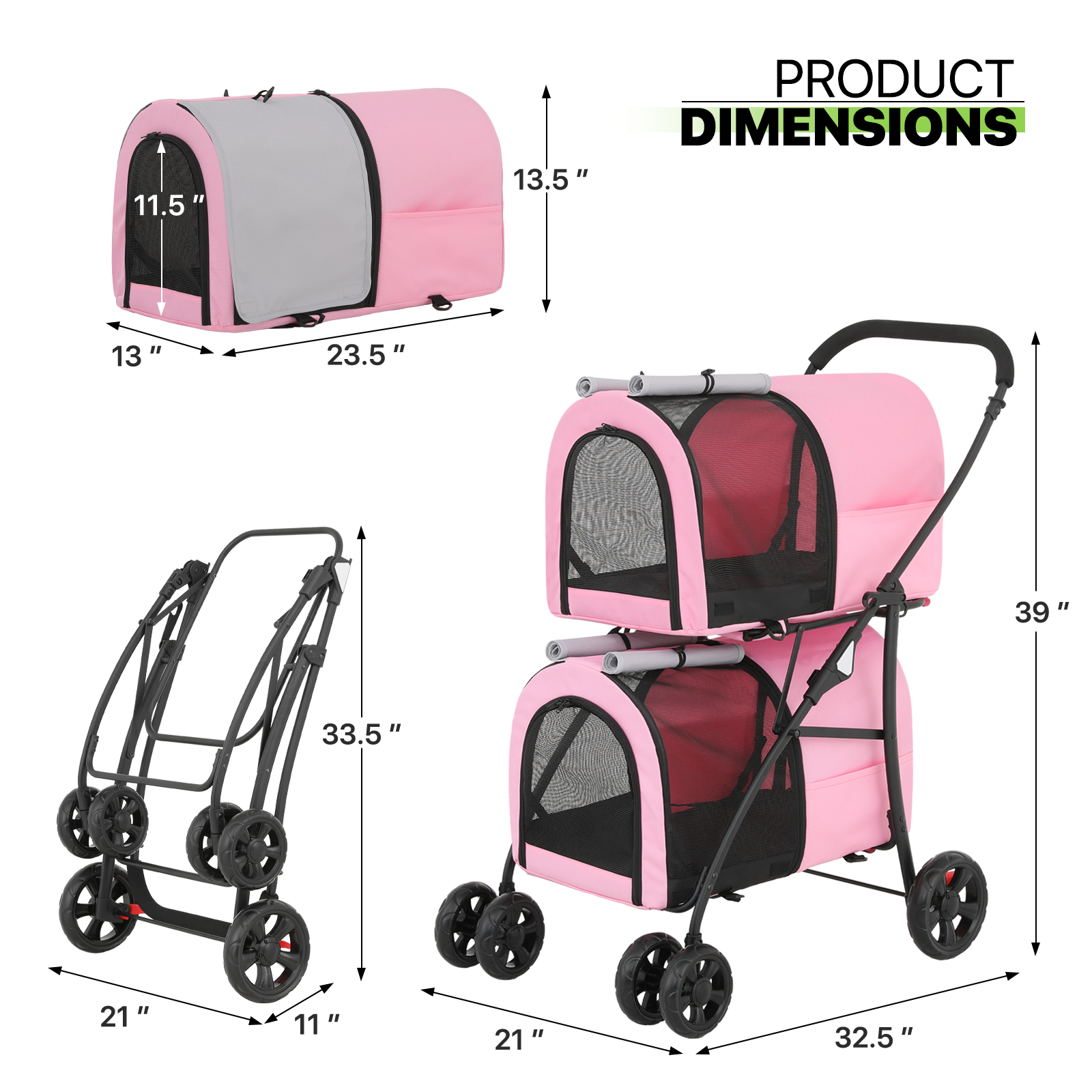 Double 4 Wheels Layer Dog Stroller Folding Carrier Cage Travel Detachable Basket