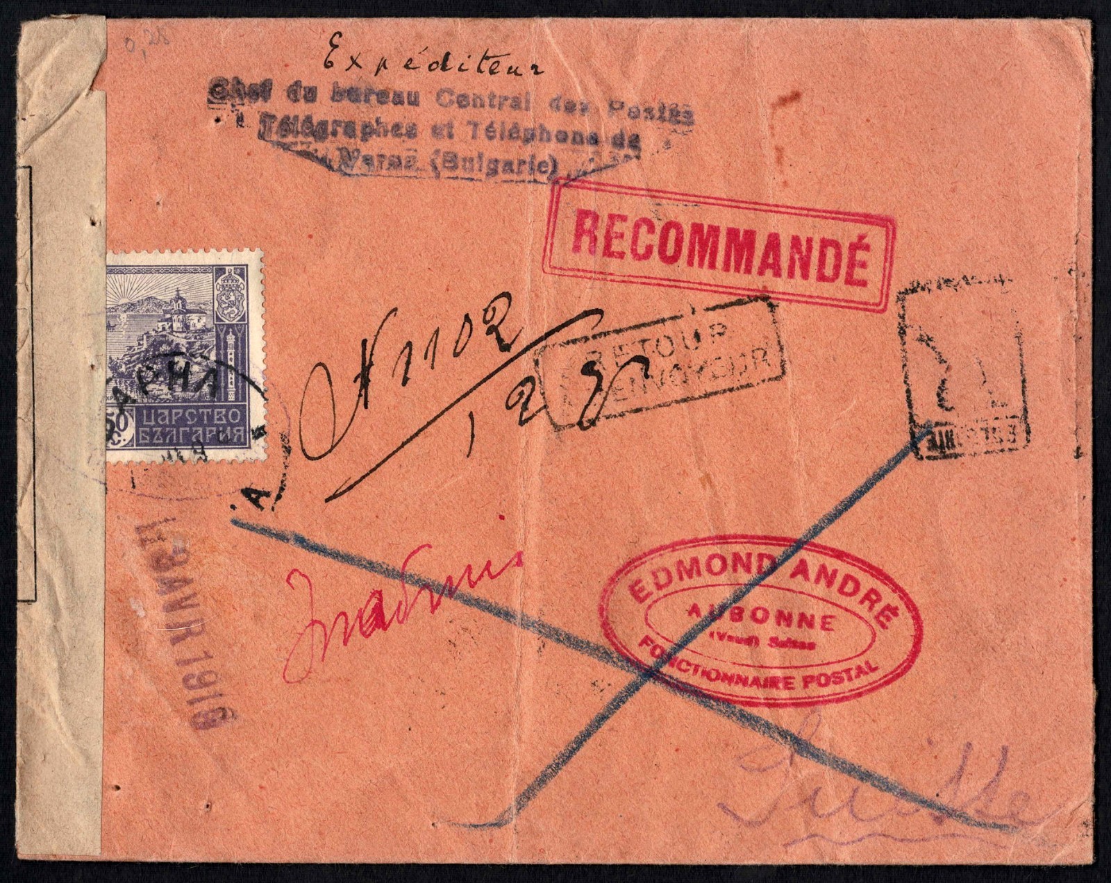 Bulgaria 1919 Registered Cover, Varna to Switzerland, Military Censor, Rare