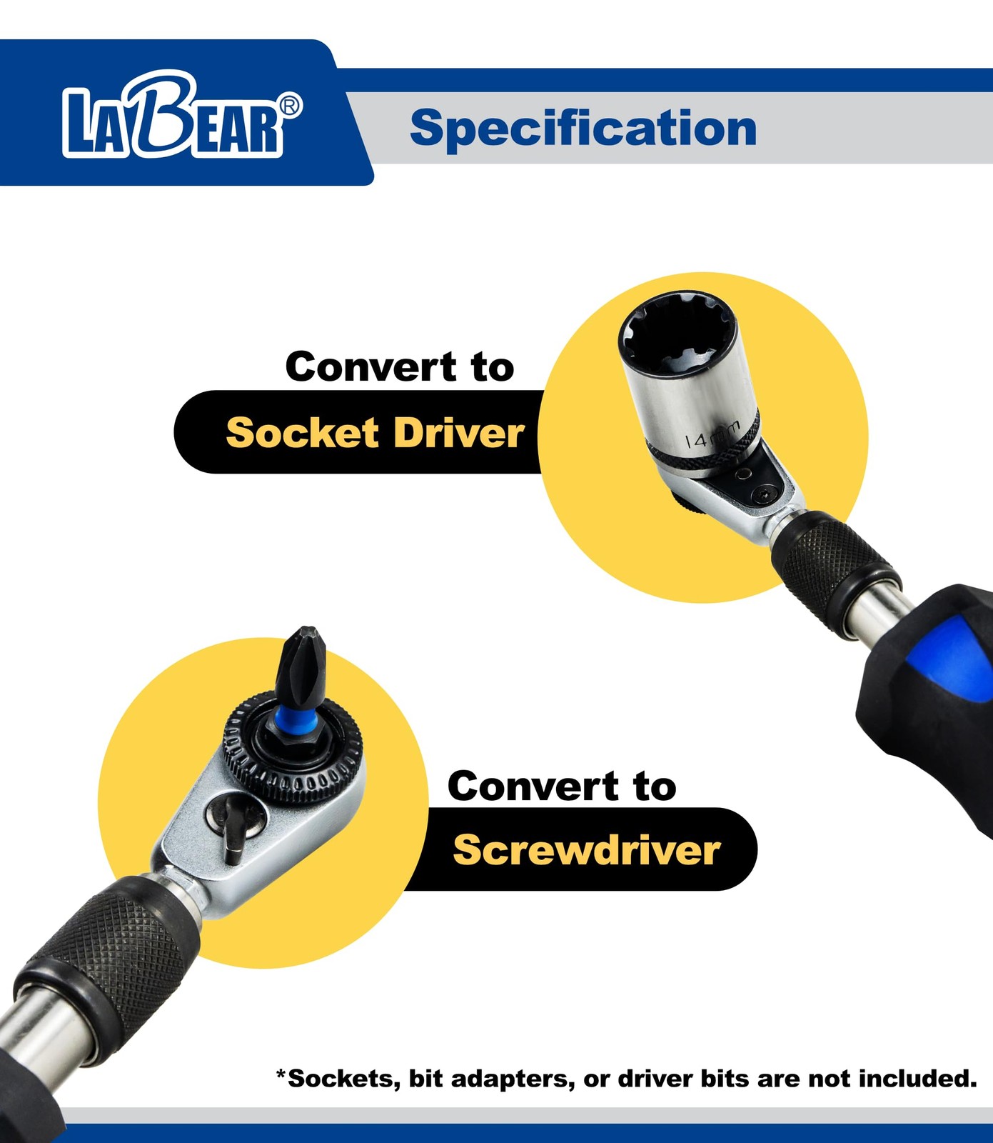 LABEAR 2-in-1 Mini Ratchet Wrench Adapter, Magnetic 1/4" Hex Bit Silver