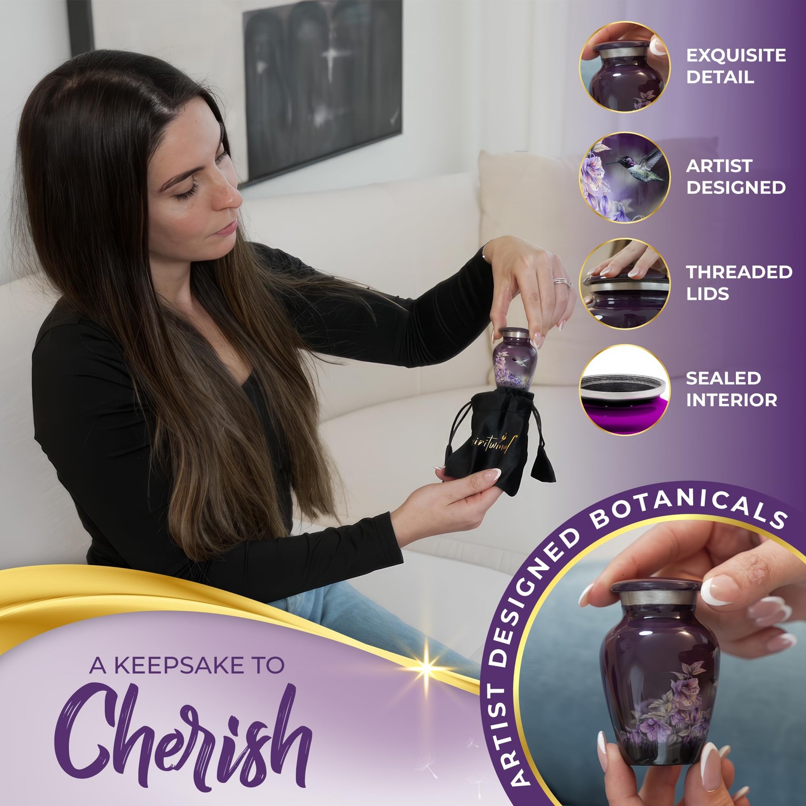 Beautiful 2.9" Hummingbird Keepsake Urn (1 Piece), Sacred Purple