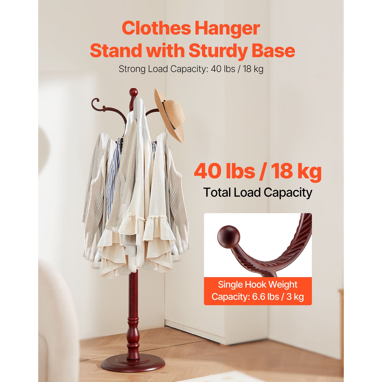 Freestanding Coat Rack Wooden Coat Tree with Stable Large Base & 11 Hooks