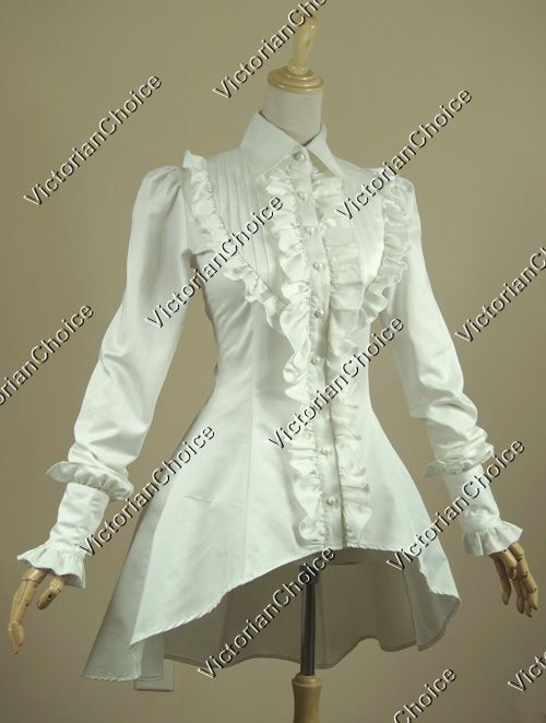 Victorian Gothic Women White Vintage Cotton Shirt Blouse Steampunk Costume B007
