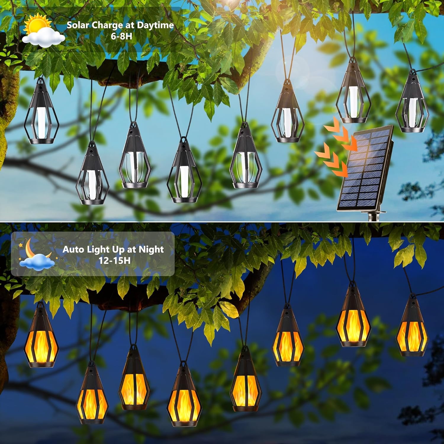 Solar String Lights for Outside 28Ft Patio Lights 15 Flickering Flame Light Bulb