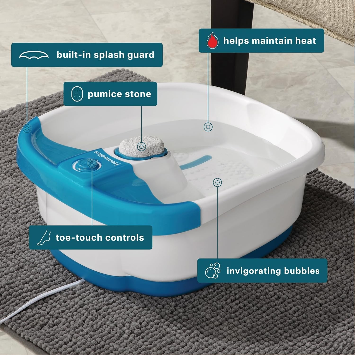 Homedics Bubble Mate Foot Spa, Toe Touch Controlled Foot Bath Invigorating Heat
