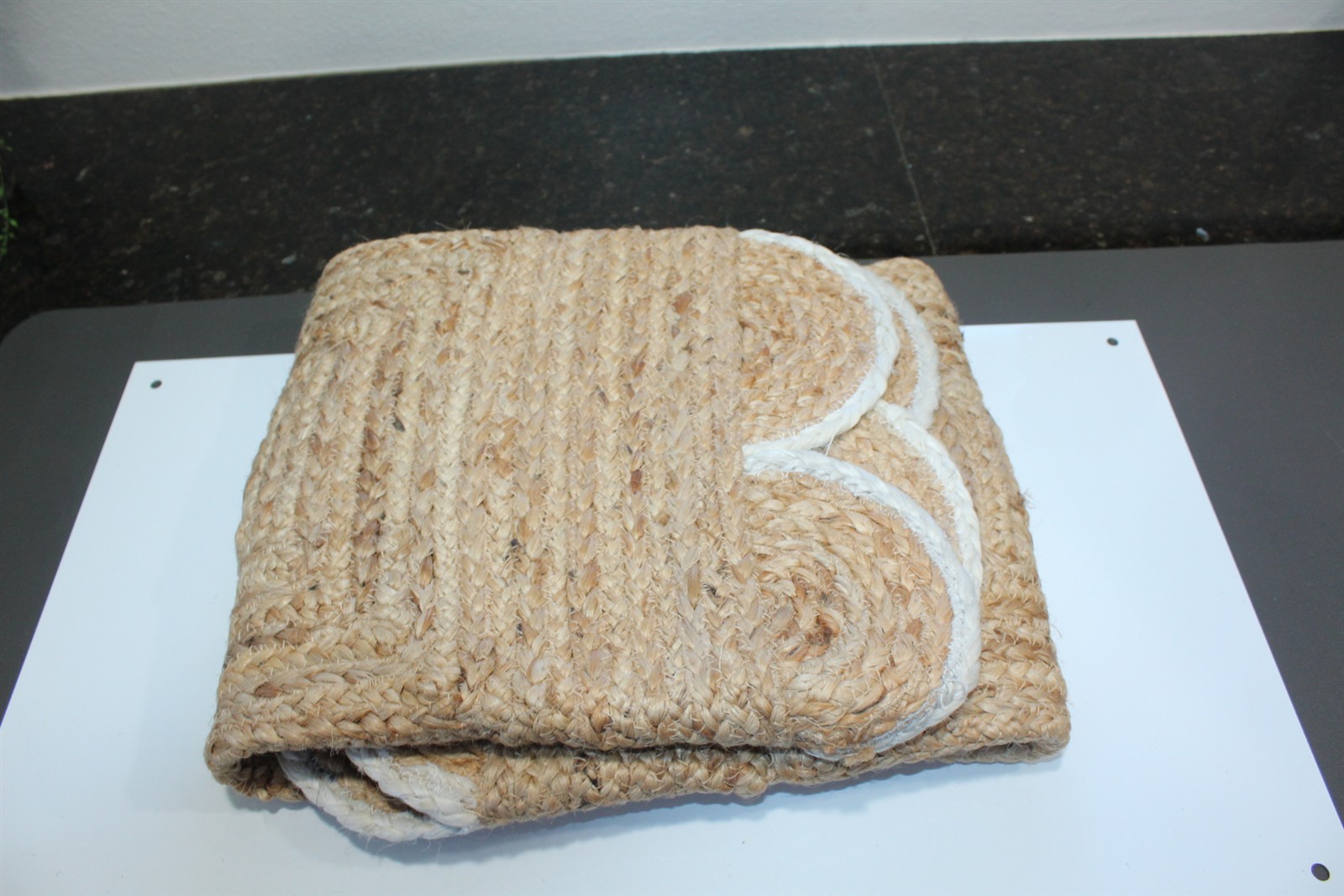 Woven Rug Mat 36" x 24" Beige Brown Jute With White Trim