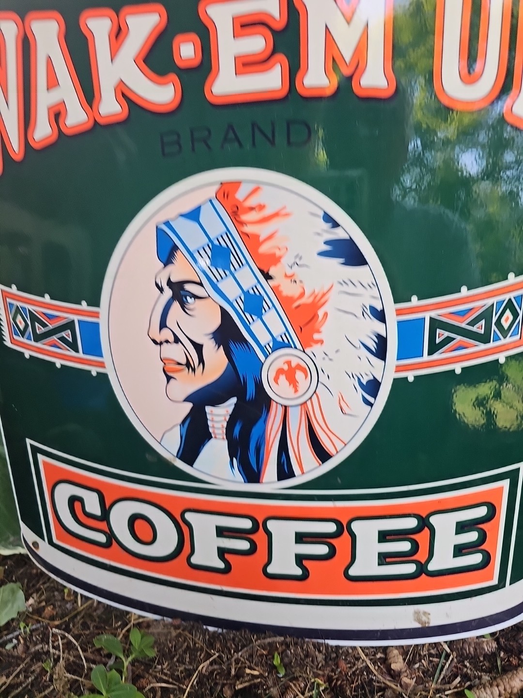 LARGE VINTAGE WAKE-EM UP COFFEE PORCELAIN SIGN 24" X 16" VERY HEAVY SIGN