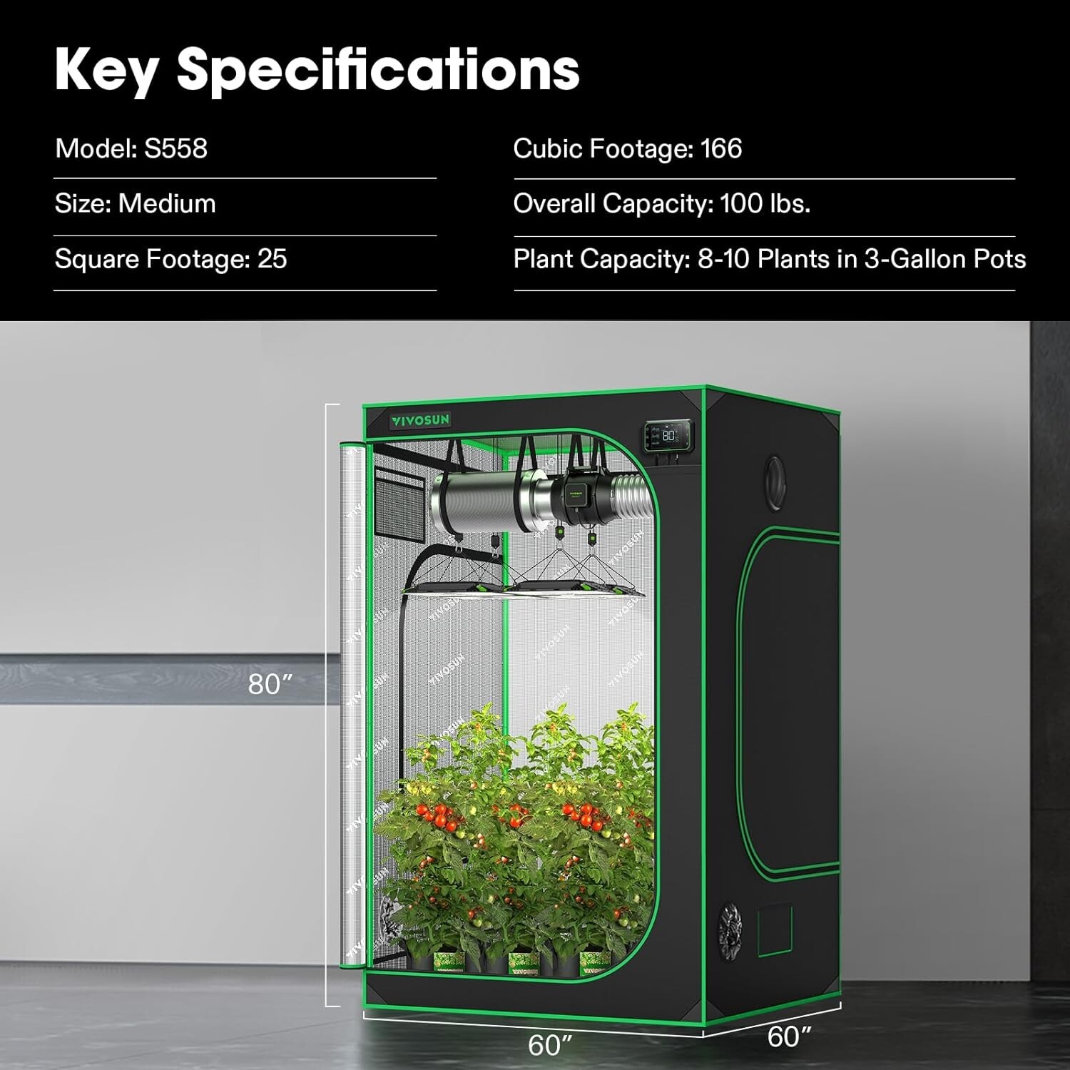 VIVOSU 5'x5' Indoor Grow Tent Non toxic & 6" 440CFM Inline Fan kit &7-day Timmer