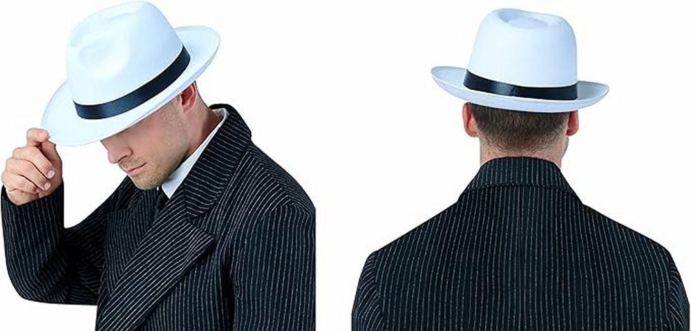 WHITE GANGSTER HAT Costume Fedora Black Band Men Women 20s 30s 40s Trilby Panama