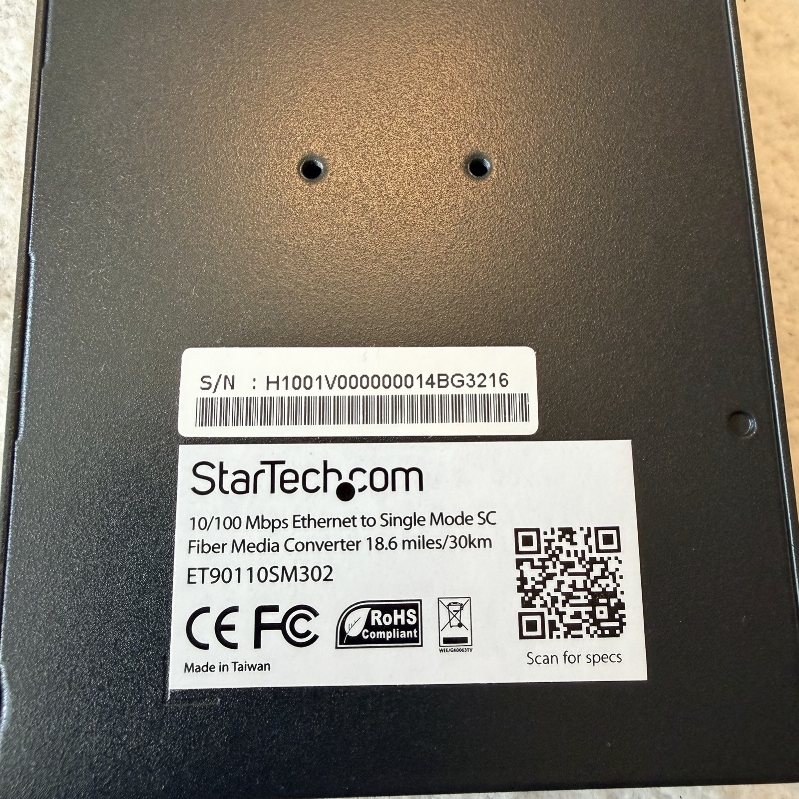 NEW StarTech ET90110SM302 10/100 Mbps Single Mode SC Fiber Media Converter 18.6M