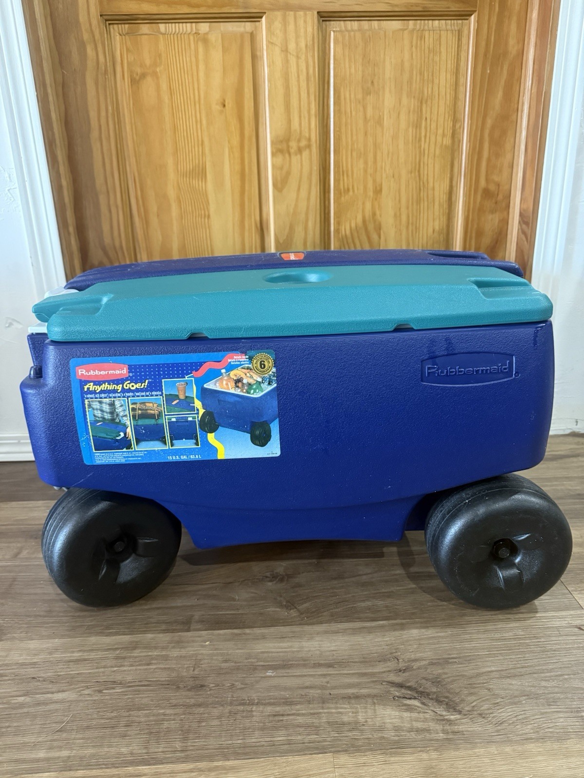 Rare 1996 Vintage Rubbermaid Rolling 60qt Cooler Wagon Blue/Green 4-Wheel 1860