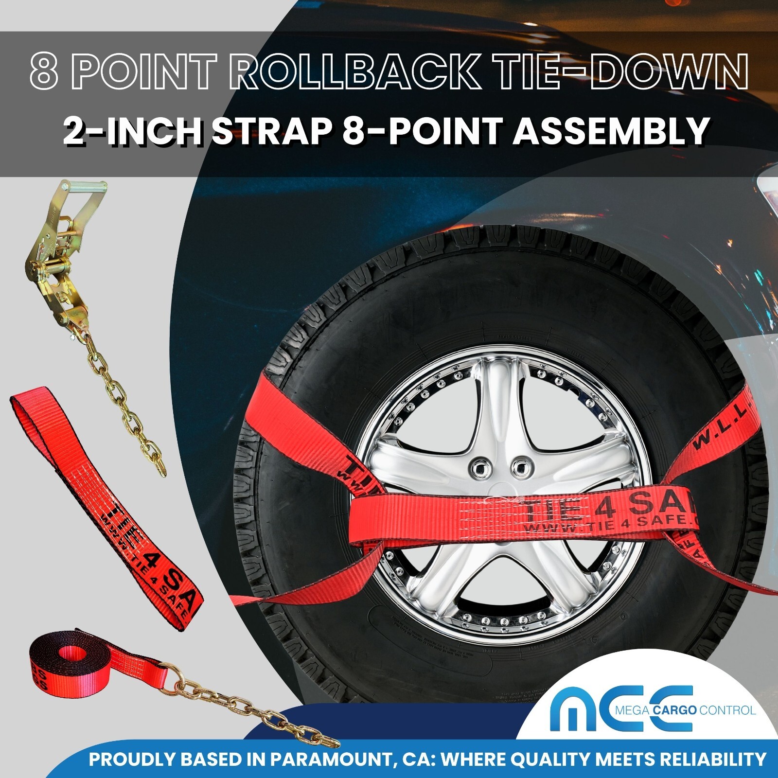 8 Point Roll Back Tie Down System w/ Chain Ends for Car Hauler Carrier Tow Truck