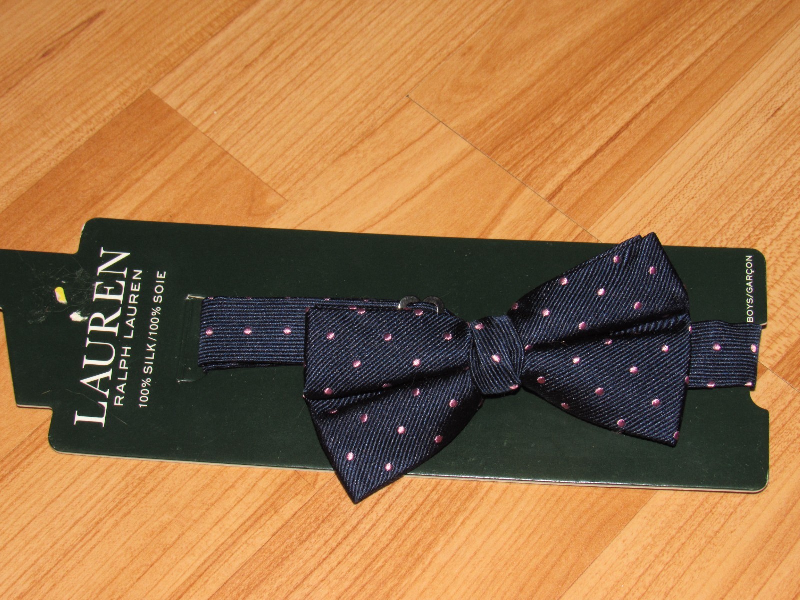 NWT New RALPH LAUREN Boy's 100% Silk Bow Tie Blue With Pink Dots Clasp On
