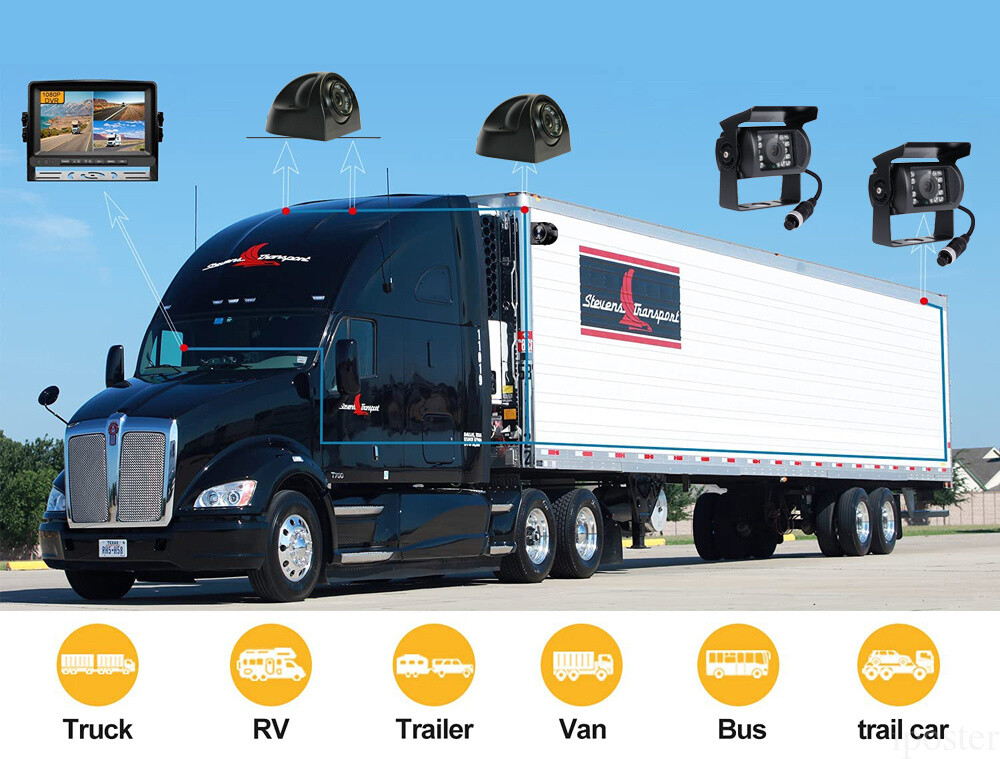 7" Quad Monitor DVR SD Recorder Side Rear View Camera System For Truck Trailer