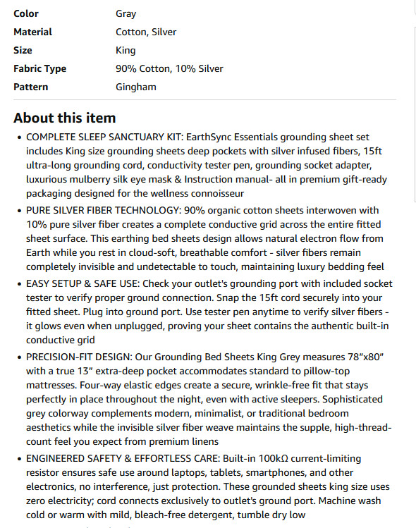 King Size Bed Grounding Sheets 90% Organic Cotton + 10% Pure Silver Fiber