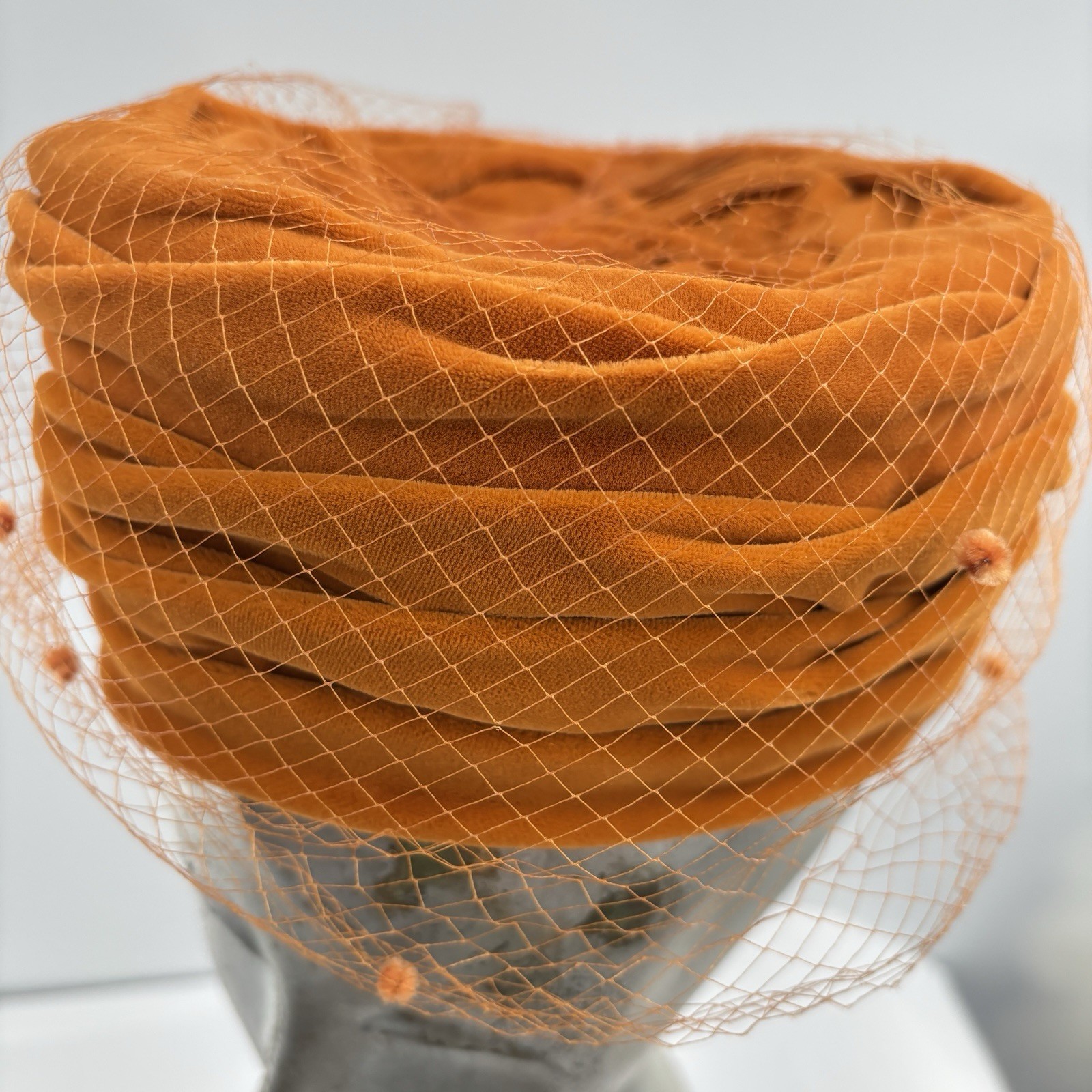 Vtg 60s Lucile Mendez Orange Velvet Hat Veil Pillbox Cocktail Mod Turban