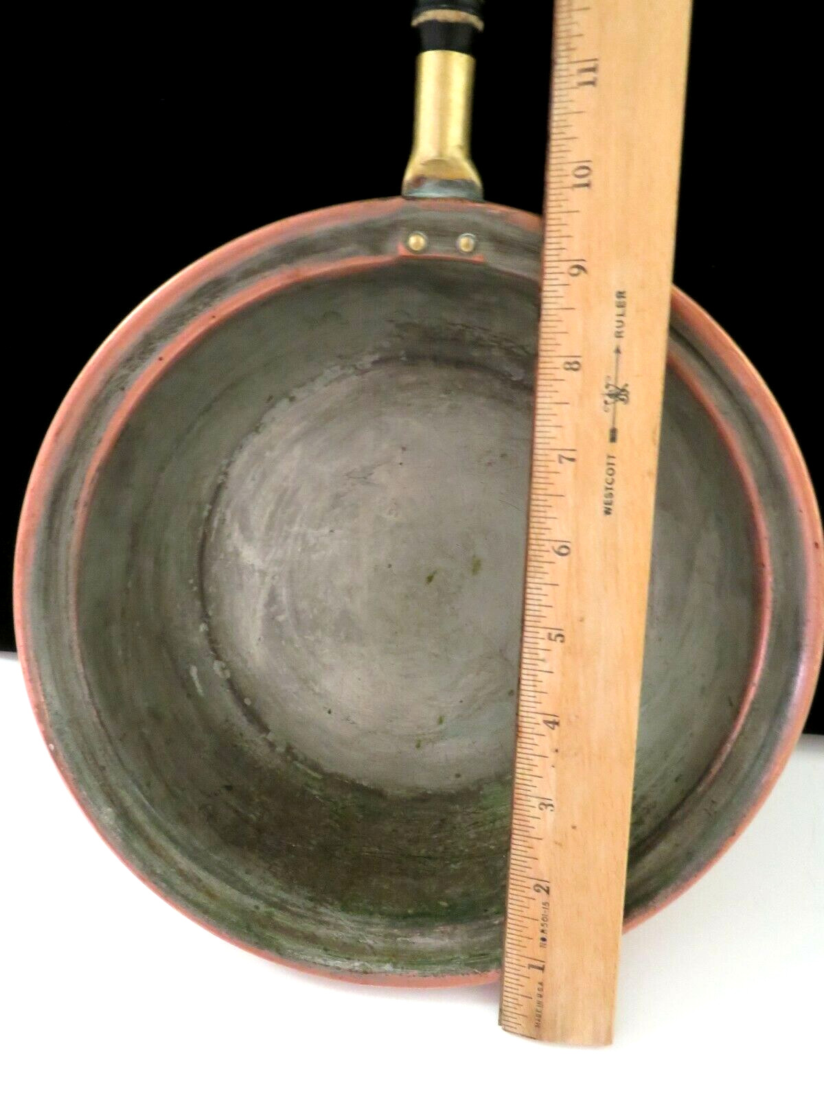 Vintage Copper Tin and Brass W/ Wood Handle Fry Pan