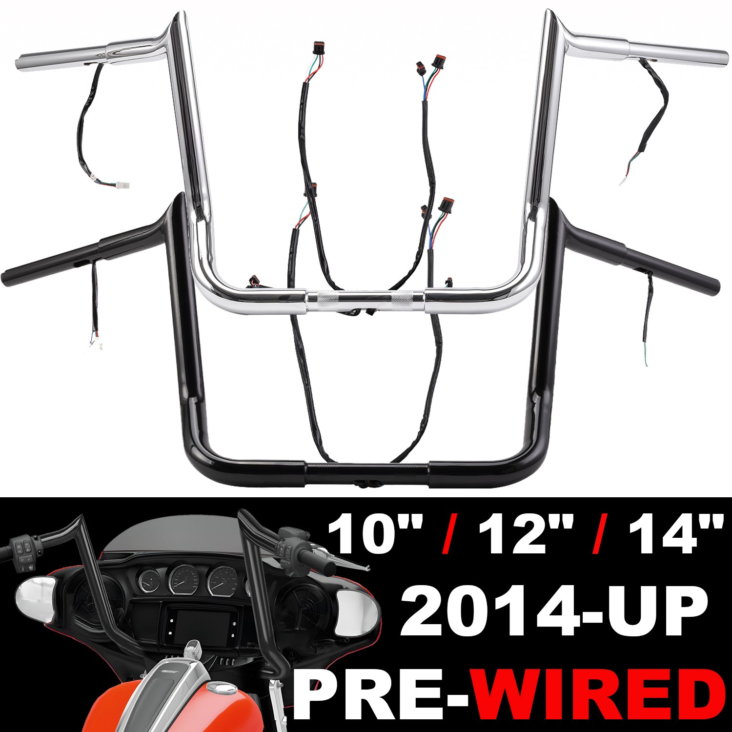 PREWIRED 10/12/14" In Meathook Handlebar for Harley Touring Electra Street Glide