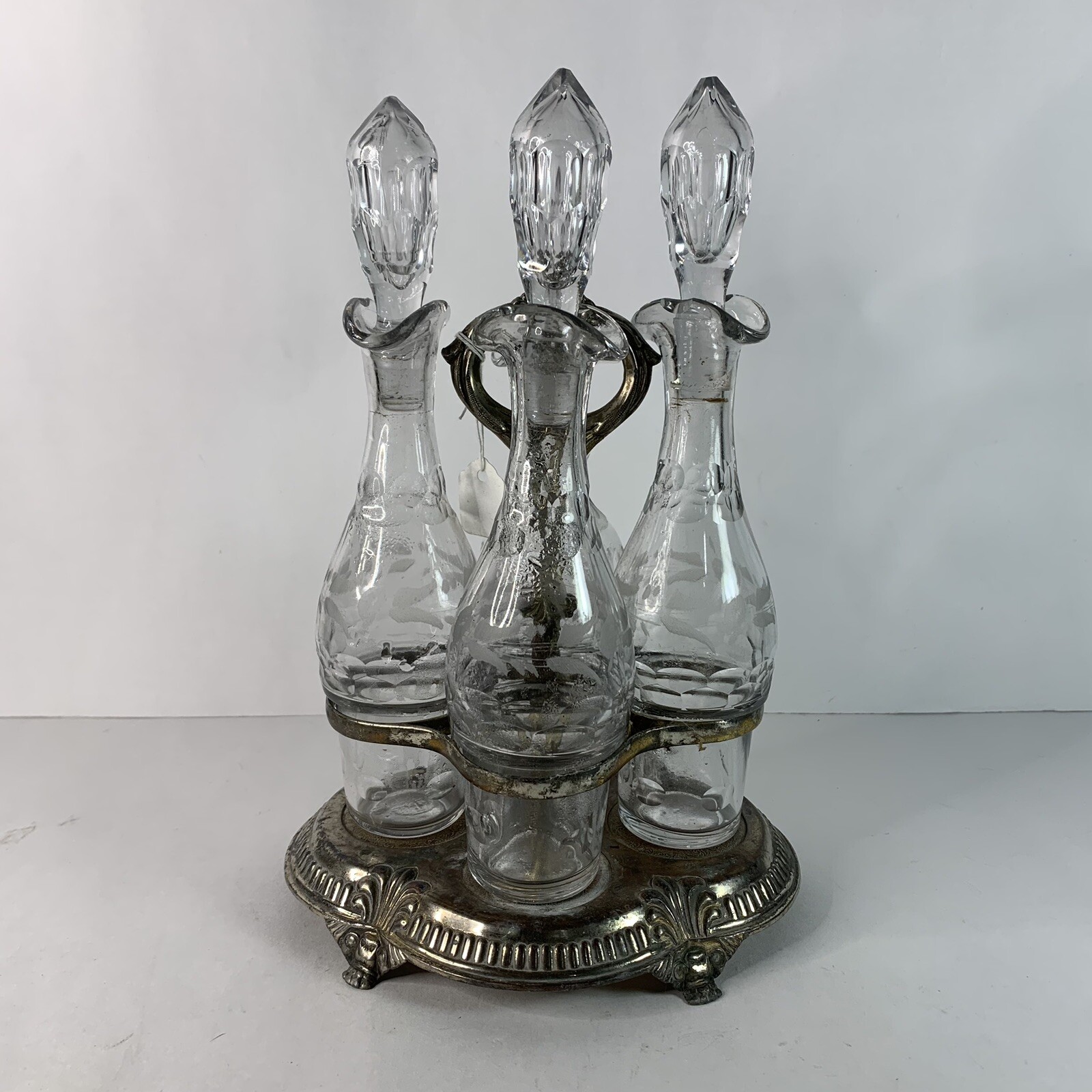 Antique Victorian Silver Plated Cruet Condiment Set Caddy Etched Glass Server