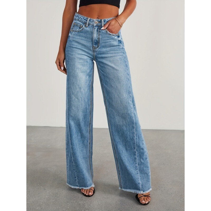 Women's Fashion Casual High-Waisted Wide Leg Stretch Denim Jeans With Pockets