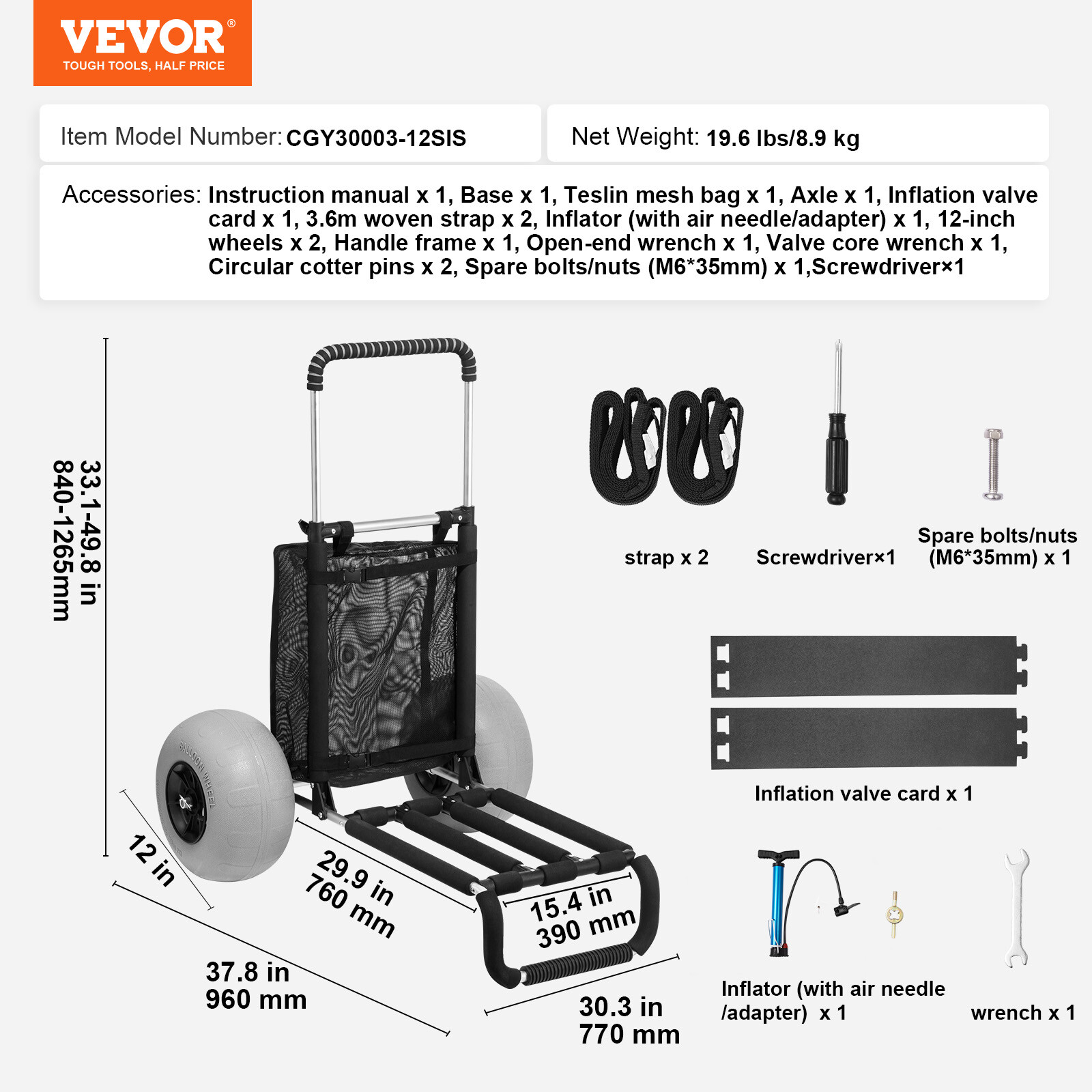 VEVOR Beach Sand Cart Beach Wagon for Sand 12 in Balloon Wheels Beach Gardening