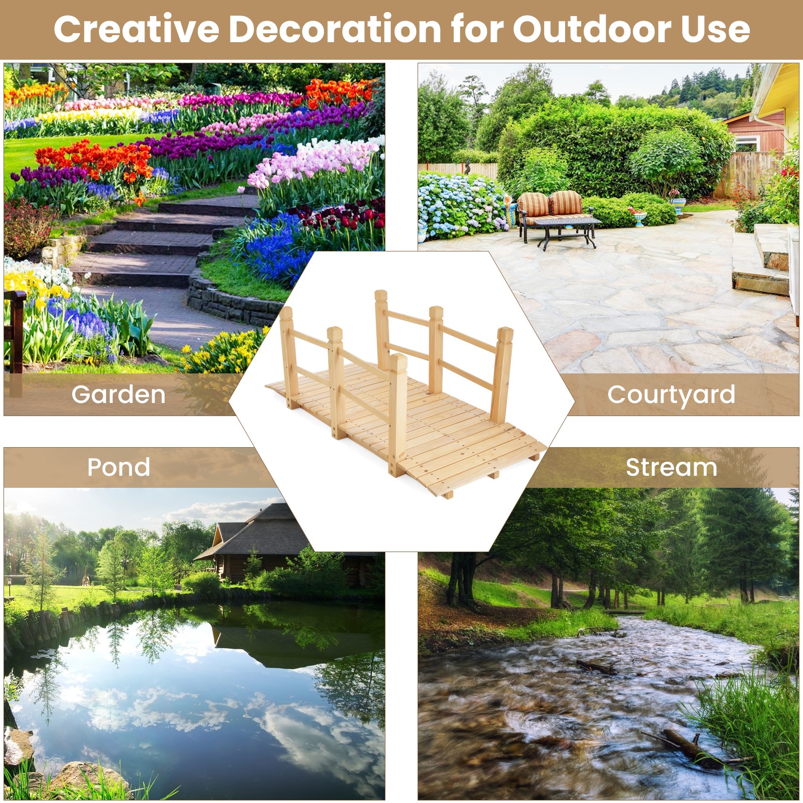 5 FT Wooden Garden Bridge Decorative Landscaping Footbridge w/Rails Natural