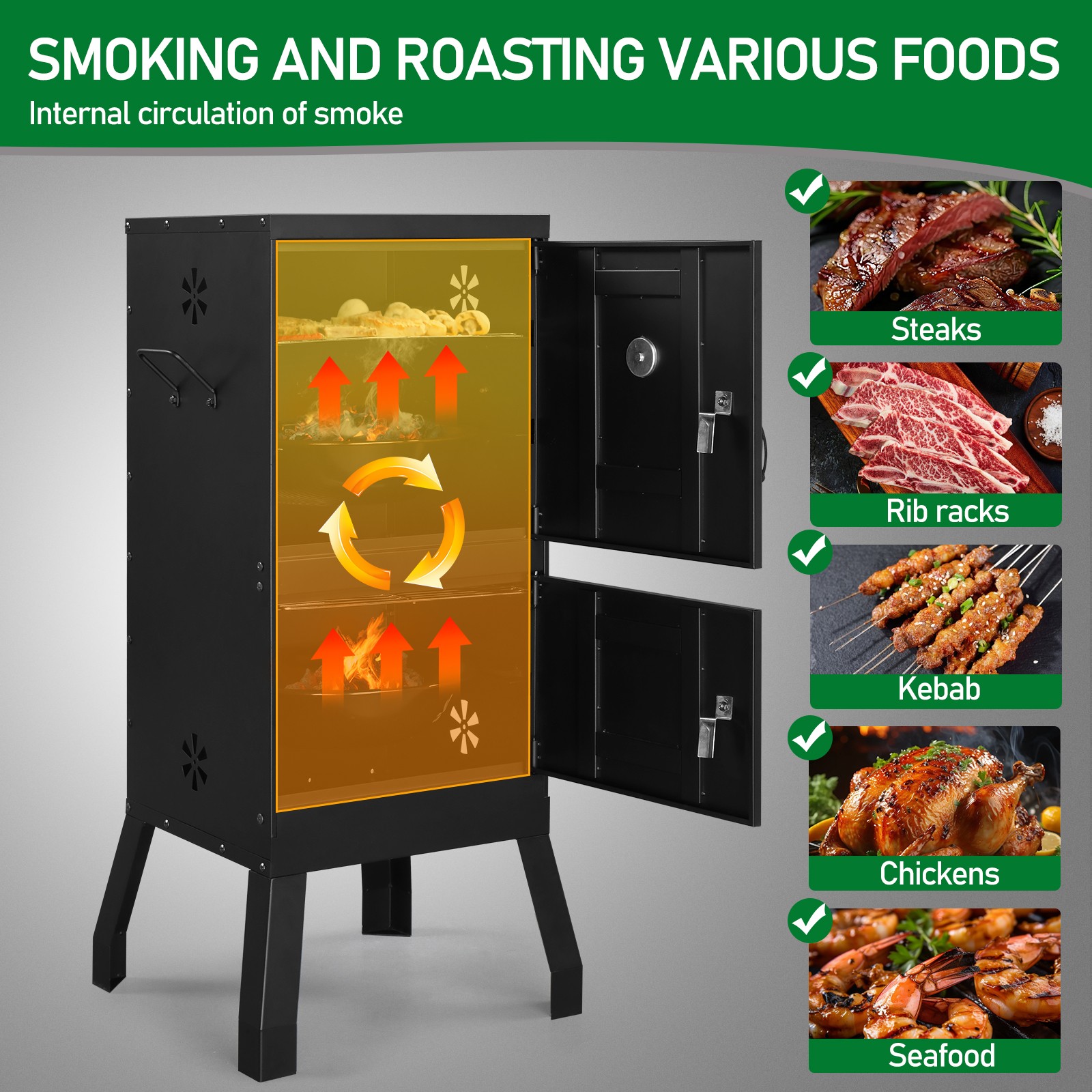 Vertical Charcoal Smoker Barbecue with Double Door Thermometer Garden Camping