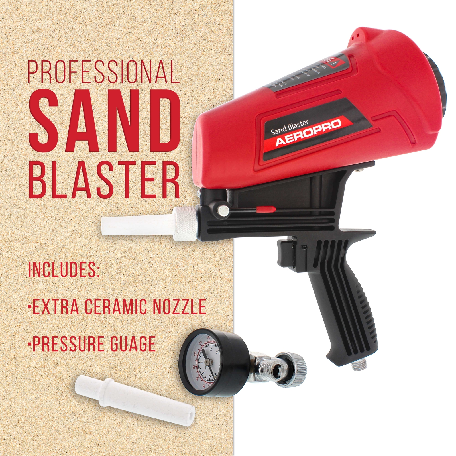 Gravity Feed Sand Blaster Gun Kit, Spray Blasting, 2 Ceramic Nozzles, Regulator