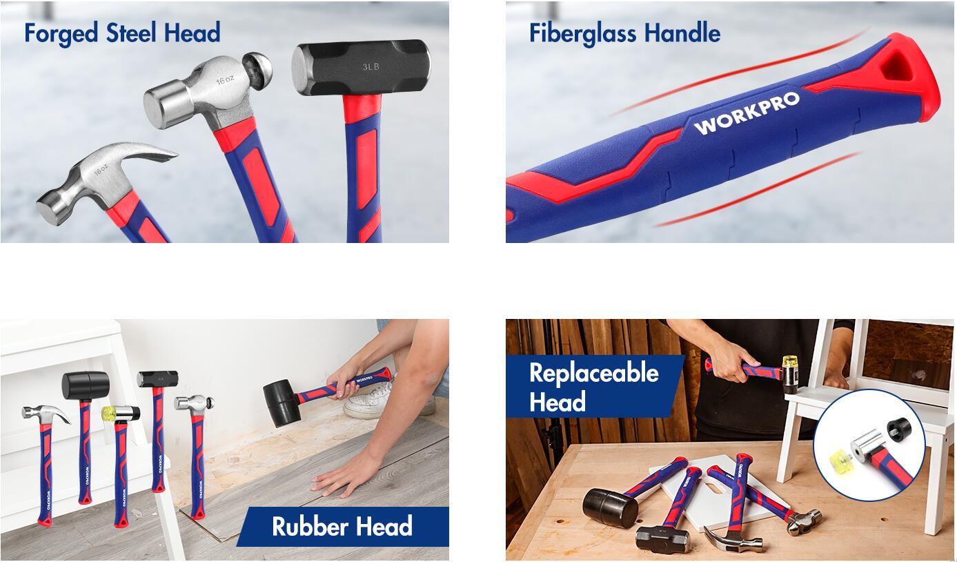 WORKPRO 5-Piece Hammer Set, Forged & Polished Steel Head, Fiberglass Handle NEW