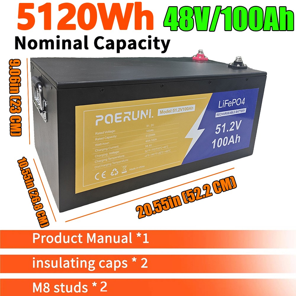 NEW 48V 100Ah LiFePO4 Lithium Battery 5120Wh Built-in BMS whit 58.4V 20A Charger