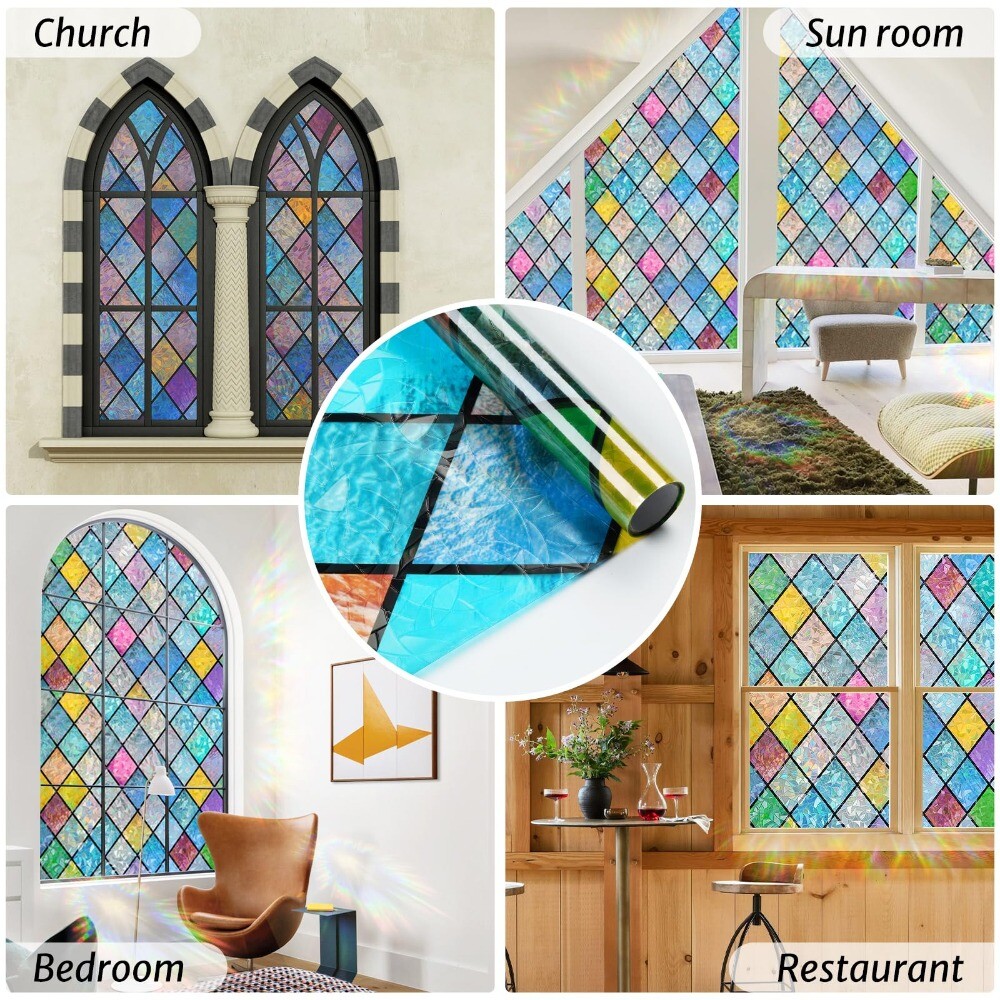 rabbitgoo Stained Glass Window Film Decorative Rainbow Colorful Lattice Sticker