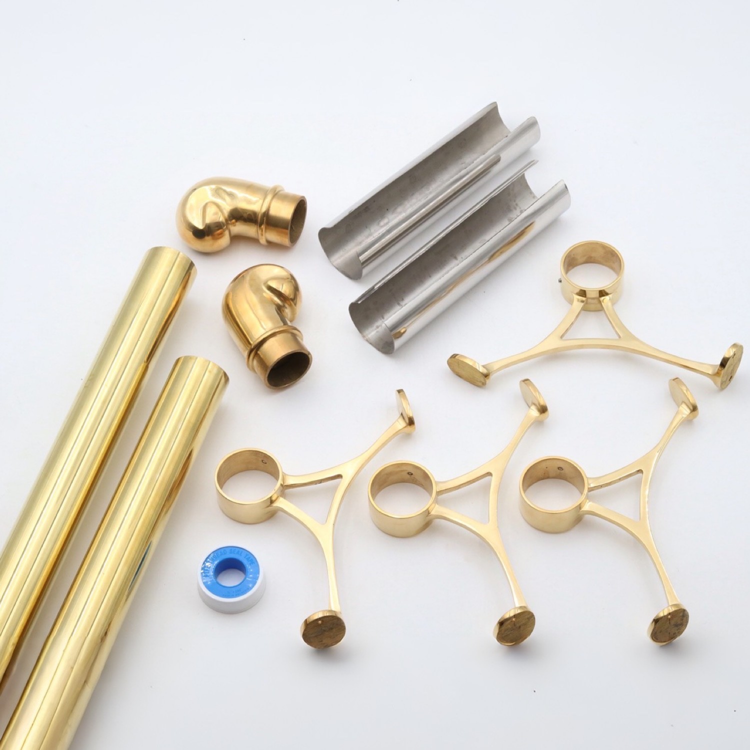 8 Foot Long Brass Bar Rail Kit 2" Diameter w Four Brackets and Two scroll Ends