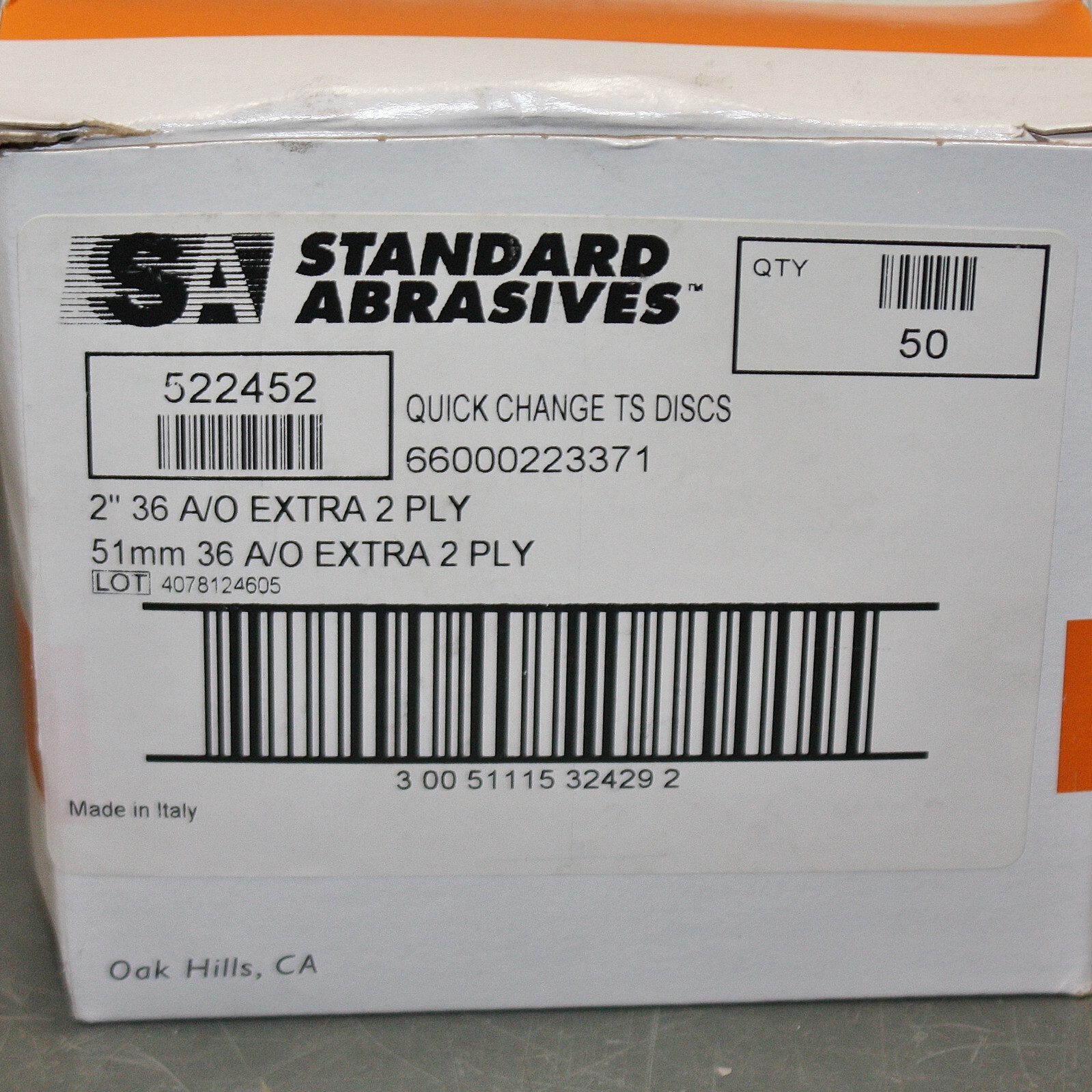 (50) Standard Abrasives 2" Sanding Discs 522452, 36 Grit, TS Quick Change, AO