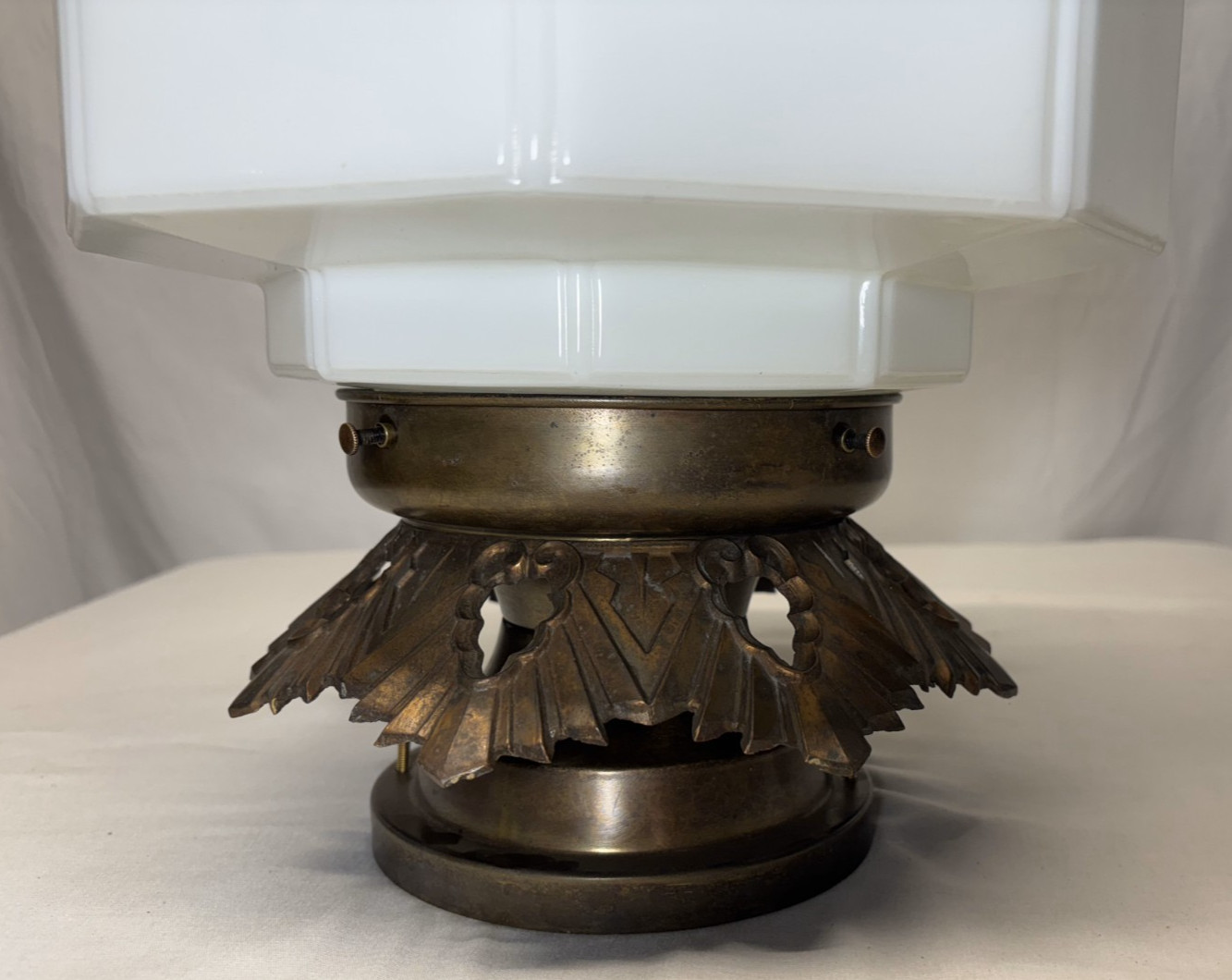 Skyscraper Light Fixture Ceiling Flush Brass Vtg Art Deco Glass Shade USA #L39