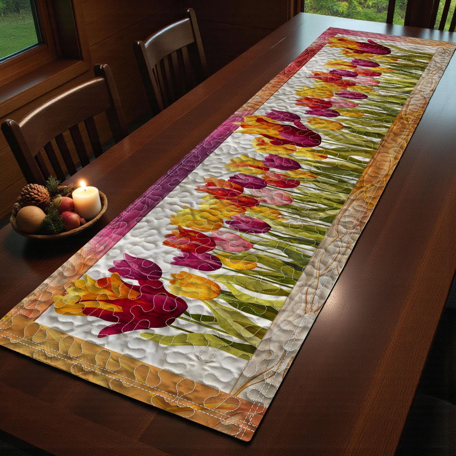 Tulips Quilted Table Runner, Pink Yellow Floral Table Runner Spring Dining Decor