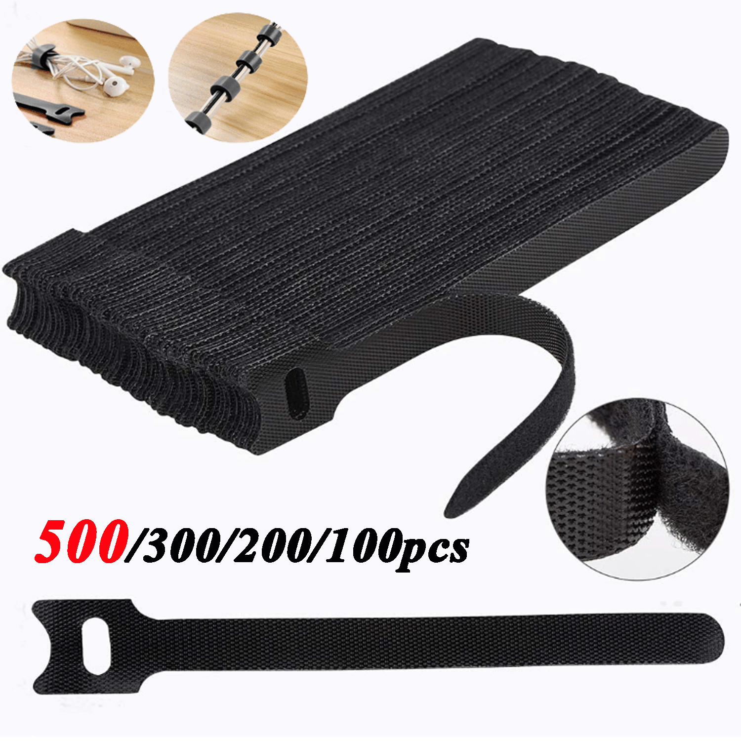 100Pcs Cable Straps Black Wire Cord Hook Loop Ties Reusable Fastening Organizer