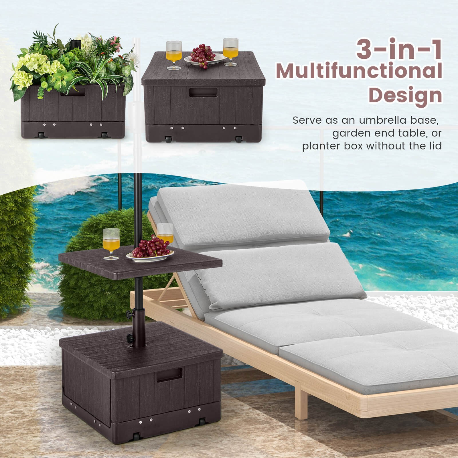 Patio 175lbs Fillable Umbrella Base w/Table Tray Wheeled 3-in-1 Stand Outdoor