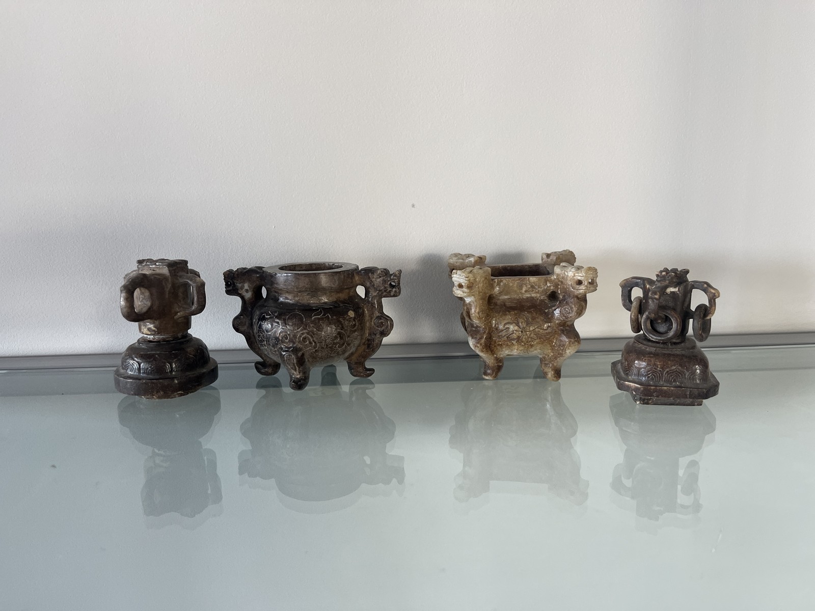 Pair Antique Chinese Carved Stone Jade Incense Burners Censer Dragons