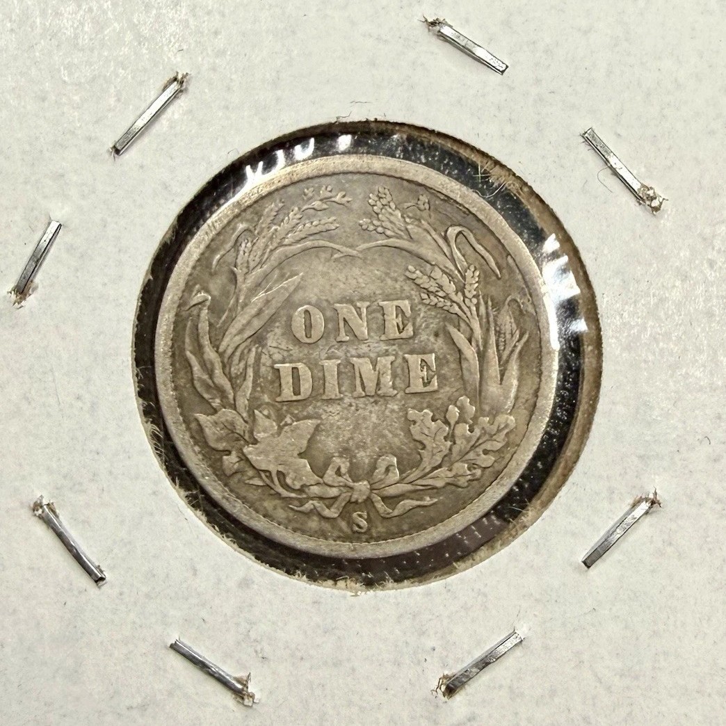 1892-S Barber Dime San Francisco US Mint American Coin, Very Fine Condition